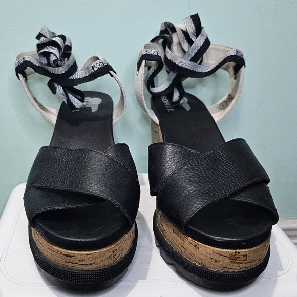 SOREL Joanie II Hi Ankle Lace Up Black Leather Wedge Sandals sz 10 - Picture 6 of 12
